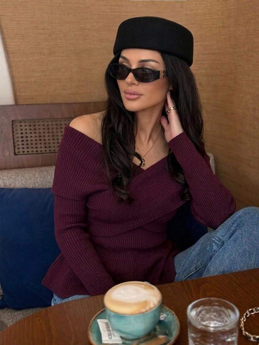Firerie Women's Elegant Cross Wrap Collar Ruffle Hem Solid Color Long Sleeve Sweater, Fall/ Style, Deep Burgundy Elastic V-Neck Sexy Brunch Going Out - Burgundy - View 1