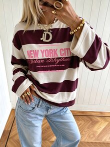 SuriyaCove 女款秋冬基礎條紋拼色圓領長袖上衣，適合返校、旅行、街頭風與休閒穿著 - 彩色 - 查看 5