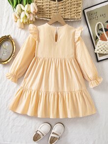 Emery Rose Kids Emery Rose Kids 女童 3D 花朵裝飾條紋圓領長袖荷葉邊可愛洋裝 - 彩色 - 查看 6