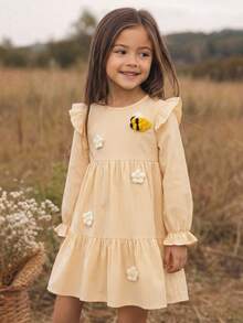 Emery Rose Kids Emery Rose Kids 女童 3D 花朵裝飾條紋圓領長袖荷葉邊可愛洋裝 - 彩色 - 查看 4
