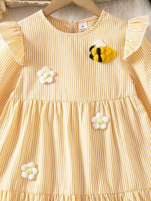 Emery Rose Kids Emery Rose Kids 女童 3D 花朵裝飾條紋圓領長袖荷葉邊可愛洋裝 - 彩色 - 查看 7