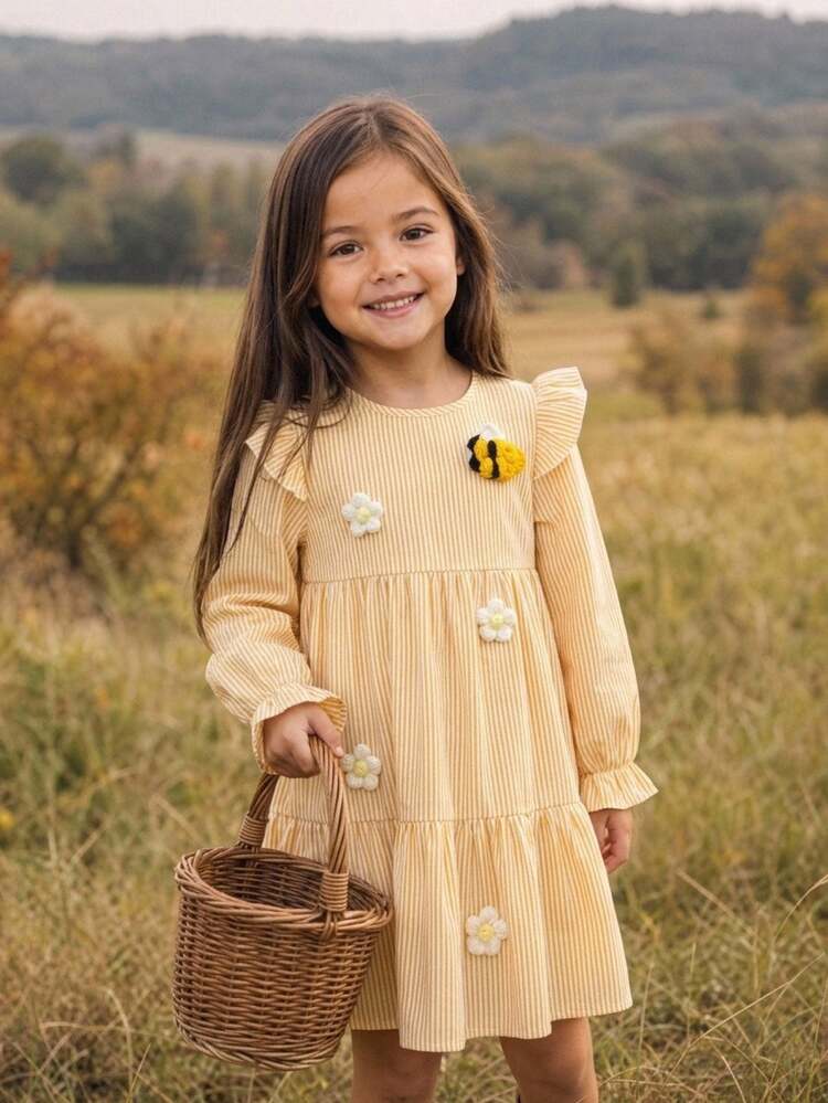 Emery Rose Kids Emery Rose Kids Young Girl 3D Floral Kids Decor Striped Round Neck Long Sleeve Ruffle Hem Cute Dress - Multicolor - View 1