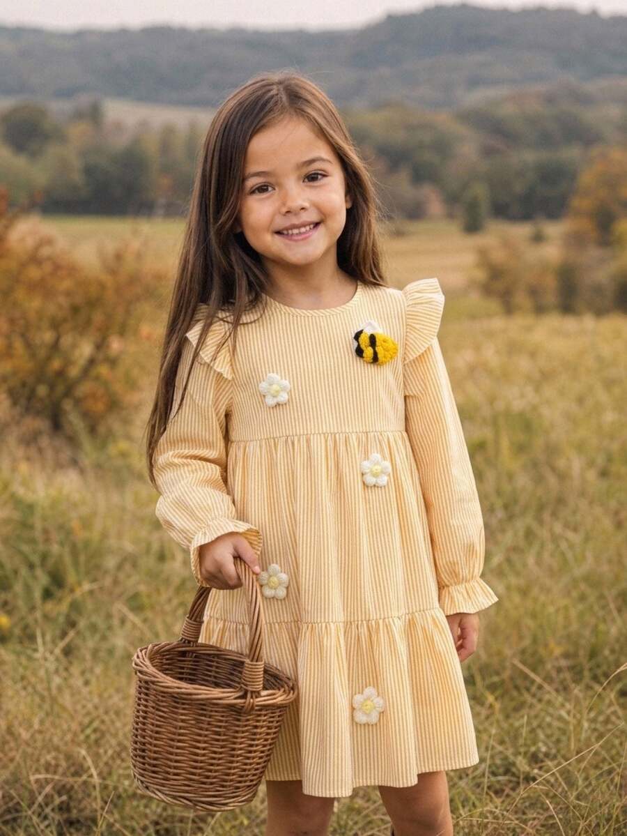 Emery Rose Kids Emery Rose Kids 女童 3D 花朵裝飾條紋圓領長袖荷葉邊可愛洋裝 - 彩色 - 查看 1