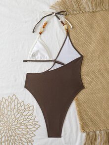 Swim SXY 1件亮面撞色珠饰连体泳衣 - 彩色 - 查看 6