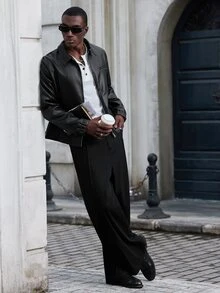 Mainfolk 男士編織時尚休閒年輕款PU皮革修身長袖夾克，適合萬聖節、聖誕節、冬季派對與秋季穿著 - 黑色 - 查看 2