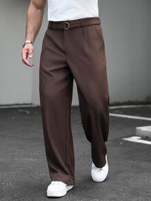 SLATEMANN 男士百褶寬腿褲附配套腰帶，垂墜感寬鬆直筒休閒長褲，通勤高級感，顯高顯瘦百搭咖啡色 - 咖啡棕 - 查看 3
