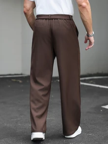 SLATEMANN 男士百褶寬腿褲附配套腰帶，垂墜感寬鬆直筒休閒長褲，通勤高級感，顯高顯瘦百搭咖啡色 - 咖啡棕 - 查看 2