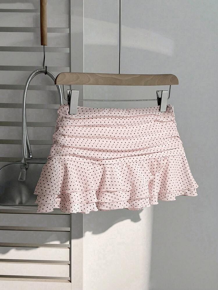 Elamini Fashionable Pleated Layered Decor Sweet Design Mini Skirt Charming Ruffled Polka Dot Vacation Style A-Line Skirt - Pink - View 6