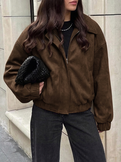 SHEIN PETITE Fall/ Maillard Suede Lapel Jacket For Women, Vintage Casual Loose Zipper Short Coat, Holiday Party Everyday Travel Atmosphere Jacket Dark Brown