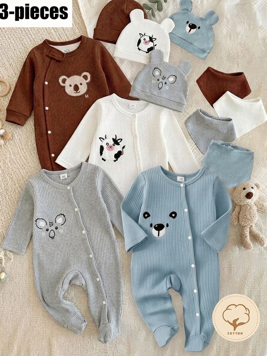 3pcs Newborn Long Sleeve Footed Jumpsuit, Hat And Bib Set, Grey Blue Cotton Ribbed Comfortable Soft Loose Cute Bear Embroidered Pattern Loungewear - Blue - View 1