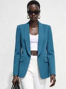 Lumivelle Women's Simple Solid Color Shawl Neck Lightweight Blazer Jacket, Suitable For Business, Work, And Commuting - Blue - View 2