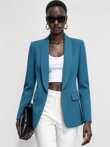 Lumivelle Women's Simple Solid Color Shawl Neck Lightweight Blazer Jacket, Suitable For Business, Work, And Commuting - Blue - View 4
