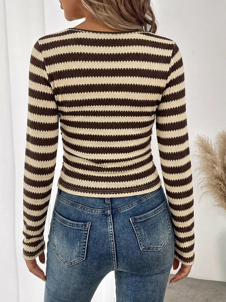 SHEIN LUNE Cotton Fall Winter 2026 Women's Brown And Cream Square Neck Ruched Textured Fabric Long Sleeve Slim Fit Base Layer T-Shirt, Daily Wear Brunch Casual - Coffee Brown - View 2
