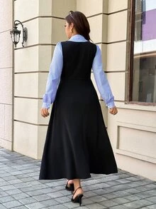 Easura Plus Size Women's Autumn/Winter Fashion Elegant Commute 2 In 1 Striped Stand Collar Long Sleeve Cinched Waist A-Line Dress Fall - Black - View 2
