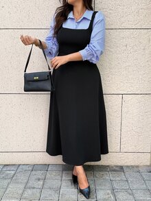 Easura Plus Size Women's Autumn/Winter Fashion Elegant Commute 2 In 1 Striped Stand Collar Long Sleeve Cinched Waist A-Line Dress Fall - Black - View 6