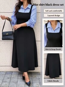 Easura Plus Size Women's Autumn/Winter Fashion Elegant Commute 2 In 1 Striped Stand Collar Long Sleeve Cinched Waist A-Line Dress Fall - Black - View 3