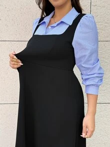 Easura Plus Size Women's Autumn/Winter Fashion Elegant Commute 2 In 1 Striped Stand Collar Long Sleeve Cinched Waist A-Line Dress Fall - Black - View 4