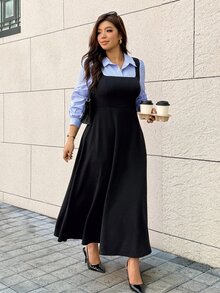 Easura Plus Size Women's Autumn/Winter Fashion Elegant Commute 2 In 1 Striped Stand Collar Long Sleeve Cinched Waist A-Line Dress Fall - Black - View 8