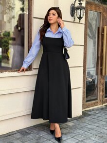 Easura Plus Size Women's Autumn/Winter Fashion Elegant Commute 2 In 1 Striped Stand Collar Long Sleeve Cinched Waist A-Line Dress Fall - Black - View 5