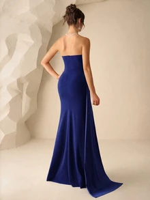 Coutiva Elegant Formal Strapless Mermaid Bridesmaid Dress For Party Evening Evening Prom Wedding Navy Blue Autumn Wedding - Navy Blue - View 2