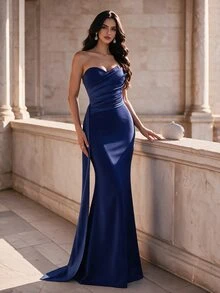 Coutiva Elegant Formal Strapless Mermaid Bridesmaid Dress For Party Evening Evening Prom Wedding Navy Blue Autumn Wedding - Navy Blue - View 3