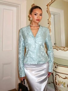 Glamine Charm French Court Style Retro Elegant Light Blue Woven Large Lapel Waist-Cinching Women's Regular Jacket Suitable For Early Autumn Wedding Dinner Party - Mint Green - View 6