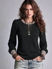 Glimmora Fashion Casual Vintage Basic Round Neck Puff Long Sleeve, Black Body With Contrast White Striped Print Cuff And Collar Design T-Shirt - Multicolor - View 1