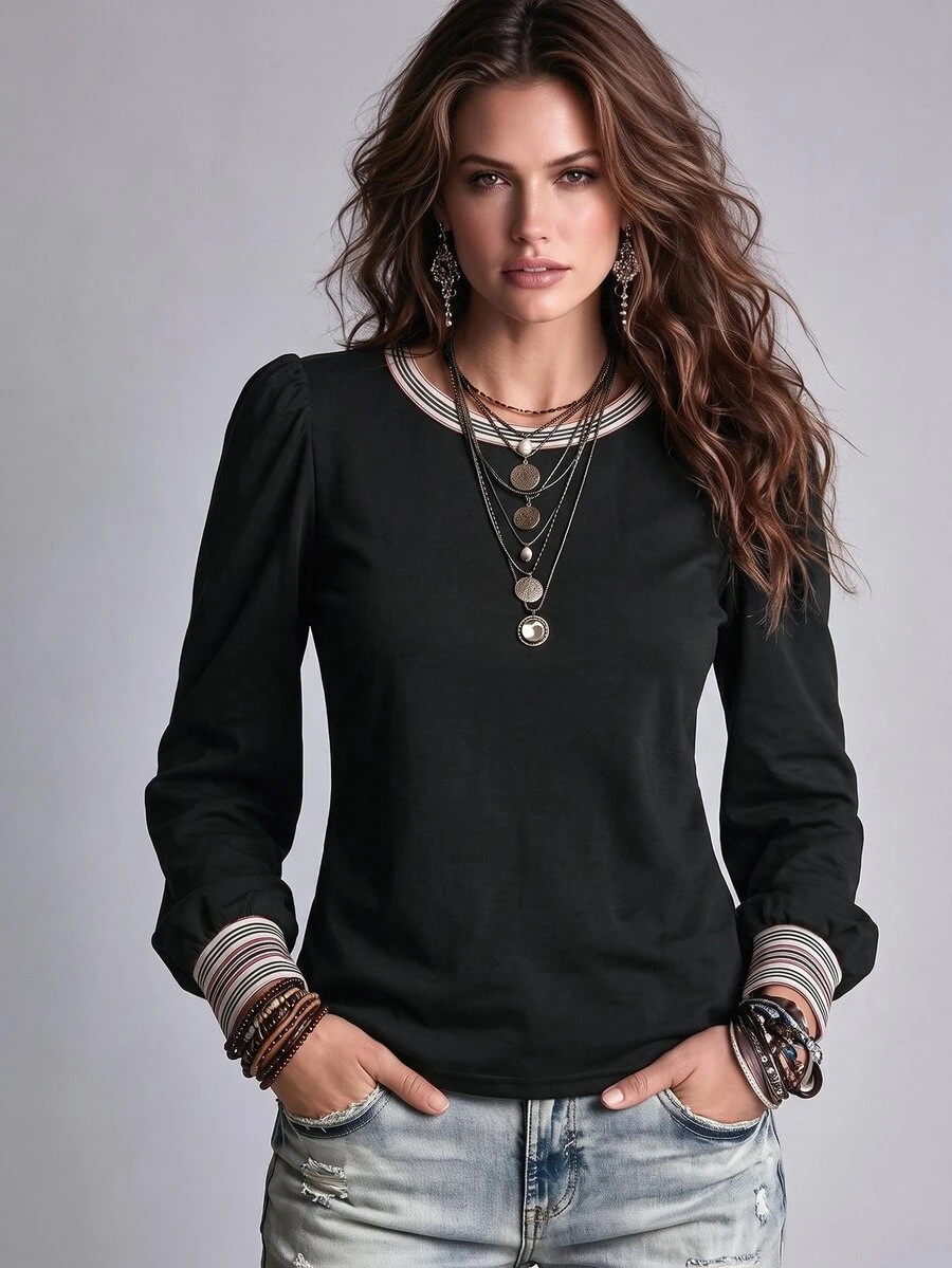 Glimmora Fashion Casual Vintage Basic Round Neck Puff Long Sleeve, Black Body With Contrast White Striped Print Cuff And Collar Design T-Shirt - Multicolor - View 1