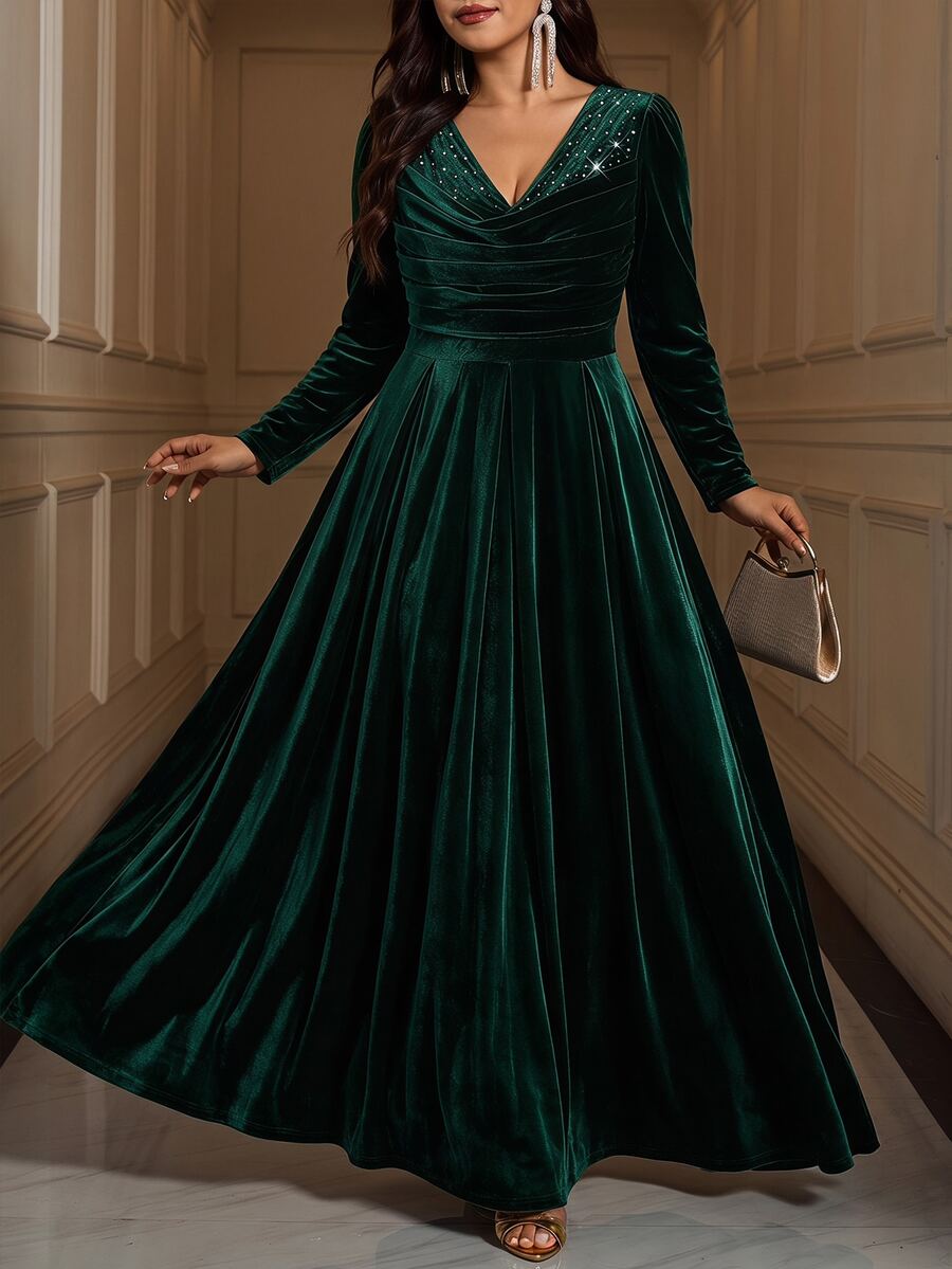 Reflora Plus Size Women's Solid Color Patchwork Sequin Pleated Design Long Sleeve Elegant Dress Fall - Green - View 1