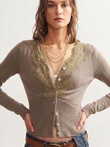 Bohemela Casual Women's Contrast Lace Long Sleeve Knit Cardigan - Green - View 7