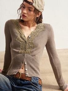 Bohemela Casual Women's Contrast Lace Long Sleeve Knit Cardigan - Green - View 1