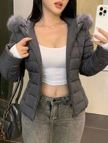 DAZY Women's Casual Fitted Padded Coat With Fur Collar Patchwork, Autumn/Winter - Grey - View 6