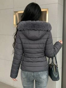 DAZY Women's Casual Fitted Padded Coat With Fur Collar Patchwork, Autumn/Winter - Grey - View 8