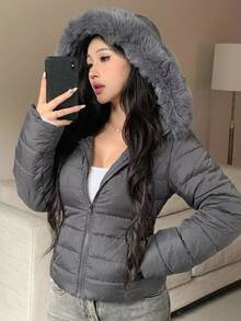 DAZY Women's Casual Fitted Padded Coat With Fur Collar Patchwork, Autumn/Winter - Grey - View 1