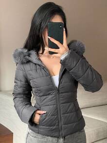 DAZY Women's Casual Fitted Padded Coat With Fur Collar Patchwork, Autumn/Winter - Grey - View 7