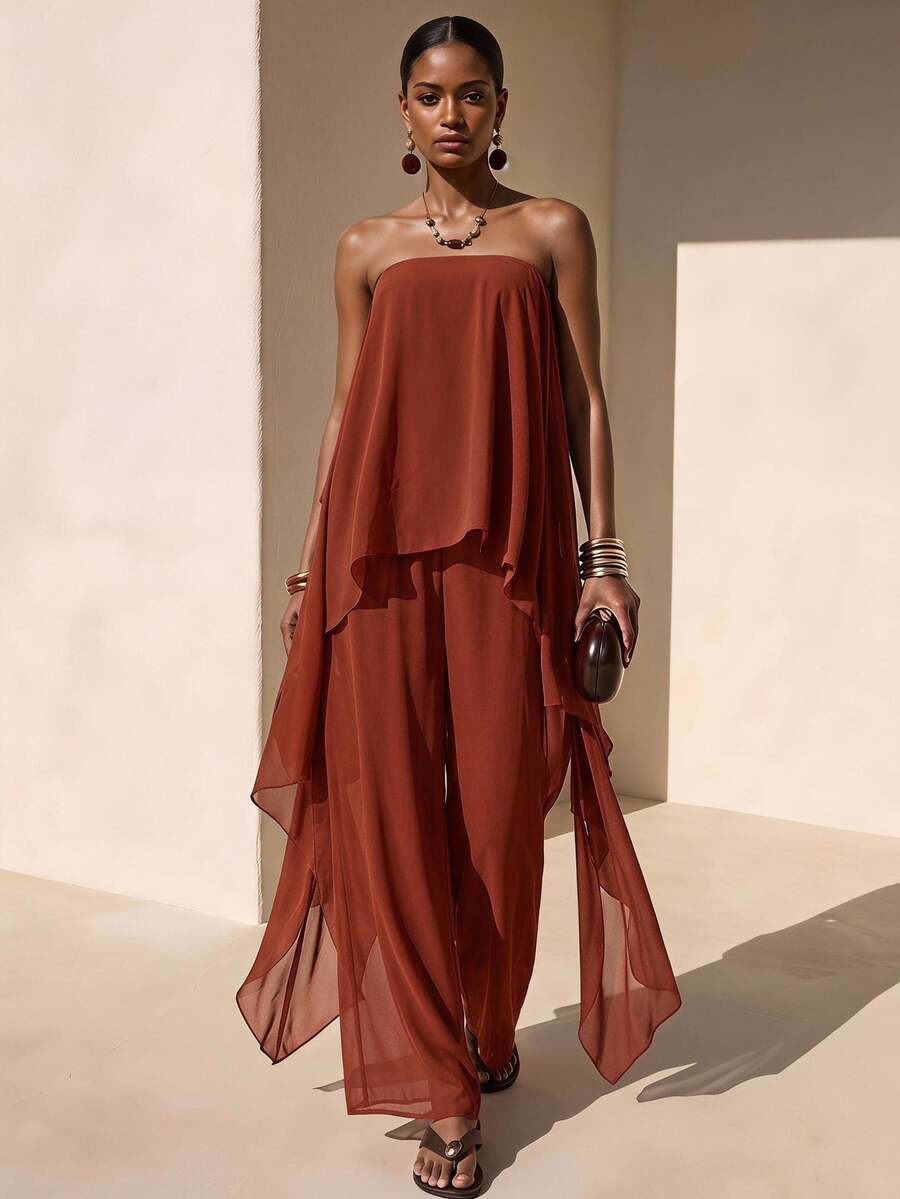 Zivah Rust Brown Elegant Summer Vacation Women's Two Pieces Set,Chiffon Ruffled Hem Strapless Flowy Top And Pants Suit,Casual Beach Party Holiday Outing
