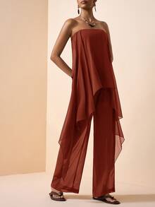 Zivah Rust Brown Elegant Summer Vacation Women's Two Pieces Set,Chiffon Ruffled Hem Strapless Flowy Top And Pants Suit,Casual Beach Party Holiday Outing - Redwood - View 4