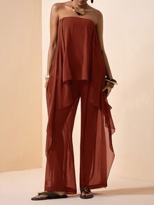 Zivah Rust Brown Elegant Summer Vacation Women's Two Pieces Set,Chiffon Ruffled Hem Strapless Flowy Top And Pants Suit,Casual Beach Party Holiday Outing - Redwood - View 5