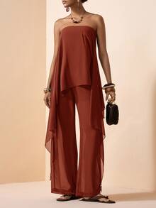 Zivah Rust Brown Elegant Summer Vacation Women's Two Pieces Set,Chiffon Ruffled Hem Strapless Flowy Top And Pants Suit,Casual Beach Party Holiday Outing - Redwood - View 8