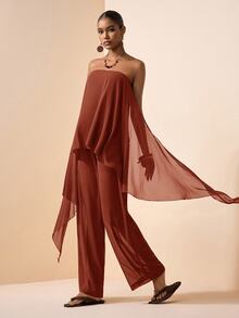 Zivah Rust Brown Elegant Summer Vacation Women's Two Pieces Set,Chiffon Ruffled Hem Strapless Flowy Top And Pants Suit,Casual Beach Party Holiday Outing - Redwood - View 7