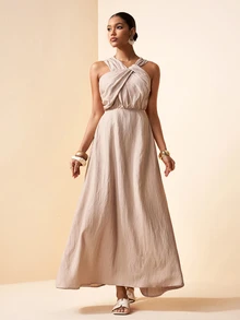 Zivah Sleeveless Ruched Pleated Linen Textured Beige Maxi A Line Dress For Women,Summer Elegant Tropical Holiday Vacation Vacay,Boho Wedding Guest Party - Khaki - View 4