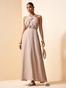 Zivah Sleeveless Ruched Pleated Linen Textured Beige Maxi A Line Dress For Women,Summer Elegant Tropical Holiday Vacation Vacay,Boho Wedding Guest Party - Khaki - View 6