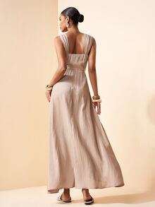 Zivah Sleeveless Ruched Pleated Linen Textured Beige Maxi A Line Dress For Women,Summer Elegant Tropical Holiday Vacation Vacay,Boho Wedding Guest Party - Khaki - View 3
