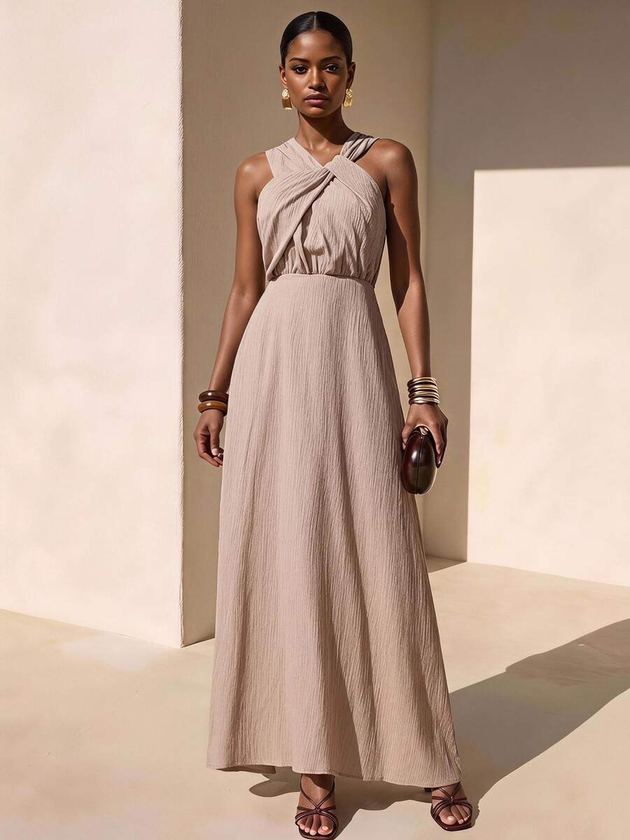 Zivah Sleeveless Ruched Pleated Linen Textured Beige Maxi A Line Dress For Women,Summer Elegant Tropical Holiday Vacation Vacay,Boho Wedding Guest Party