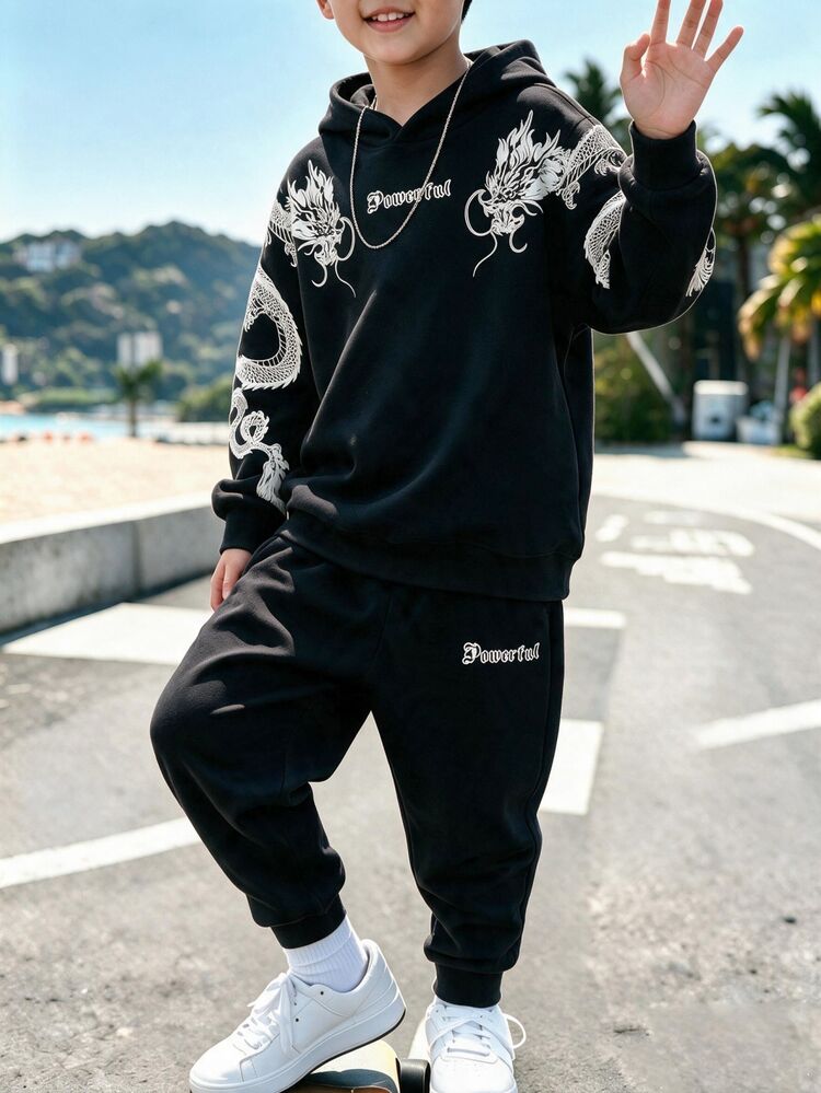 SHEIN 2pcs Kids Tween Boy Casual Sports Daily Comfortable Versatile Animal Print, Dragon Print Pattern, Hooded Loose Pullover Long Sleeve Sweatshirt + Cuffed Loose Sweatpants Knit Sweatshirt Set, Suitable For Daily Wear, School, Travel, Sports, Autumn/Winter - Black - View 5
