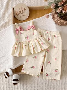SHEIN Baby Girl Babygirl Summer Cute Yellow Striped Camisole Top And Elastic Waist Pants Set - Multicolor - View 1
