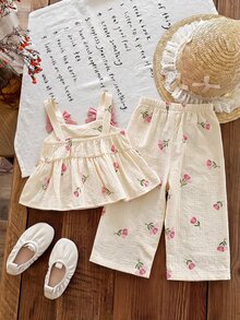 SHEIN Baby Girl Babygirl Summer Cute Yellow Striped Camisole Top And Elastic Waist Pants Set - Multicolor - View 2
