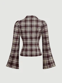 SHEIN MOD Plus-Size Women's Plaid Long-Sleeve Shirt Featuring A V-Neck, Ruffled Details, Flared Sleeves, And A Fitted Waist. Brown Tops - Brown - View 2