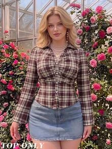 SHEIN MOD Plus-Size Women's Plaid Long-Sleeve Shirt Featuring A V-Neck, Ruffled Details, Flared Sleeves, And A Fitted Waist. Brown Tops - Brown - View 6