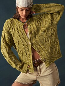 Bohemela Women's Dropped Shoulder Long Sleeve Cable Knit Single-Breasted Cardigan Brunch Olive Green Fall Casual, Autumn/Winter - Green - View 2